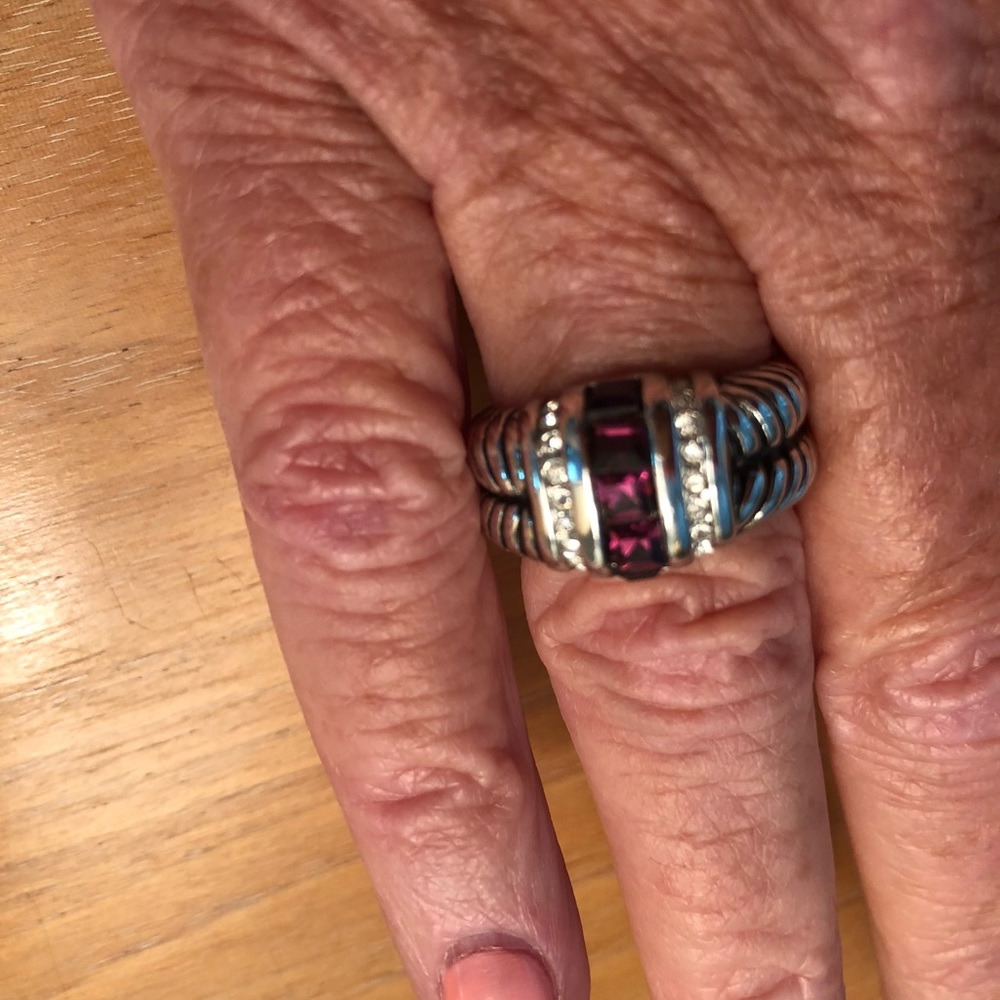 Silver, amethyst crystals and clear crystals ring